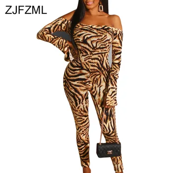 

Leopard Print Sexy Bodycon Jumpsuits Women Slash Neck Long Sleeve Skinny Romper Vintage Off The Shoulder Backless Party Overall