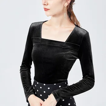 

Foamlina Vintage Style Square Neck Long Sleeved Velvet Top for Women Autumn Basic Top 2019 New Fashion Ladies Slim Bottom Top