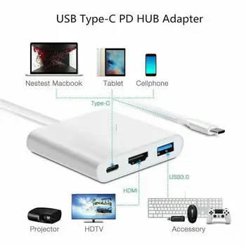 

White USB 3.1 Type-C Data Cable to HDMI+USB HUB+ Type C Charging Laptop Adapter