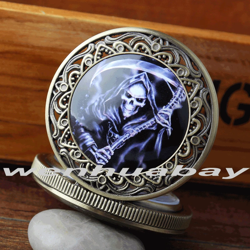 Red Fire Skull Head Quartz Pocket Watch Waist Pendant FOB Chain Clock Printing Flip Case Watches For Women Men's Boy | Карманные