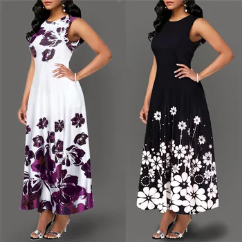

Women Elegant Floral Long Maxi Sleeveless Cocktail Party Beach Dress Sundress Printed Beach Fashion Loose Maxi Shirt Beach Dress