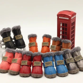 

4PCS/Set Waterproof Puppy Cotton Shoes Winter Warm Fur Pet Dog Shoes Rubber Non-slip Snow Boots For Small Medium Large Dogs