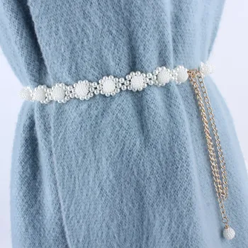 

Fashion Elegant Women Imitation Pearl Belts Alloy Chain Belts Sunflower Waistband Chain Women Dresses Clothing Accessories