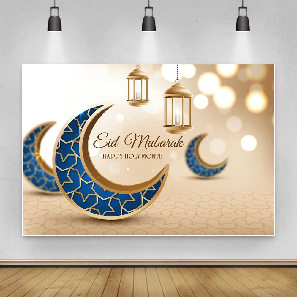Islamic Eid Mubarak Photo Backdrop Happy Festival Glod Moon Bokeh Photography Background Navy Blue Sky Shiny Vinyl Photo Studio Props