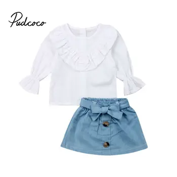 

pudcoco New 2PCS Toddler Kids Girl Clothes Set Summer Long Sleeve Solid Print T-shirt Tops + Mini Skirts Denim Outfit Child Suit