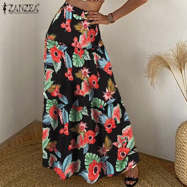 ZANZEA-Faldas extra largas para mujer, Faldas playeras con estampado bohemio, informales de Jupe de cintura alta, para talla grande _ - AliExpress Mobile