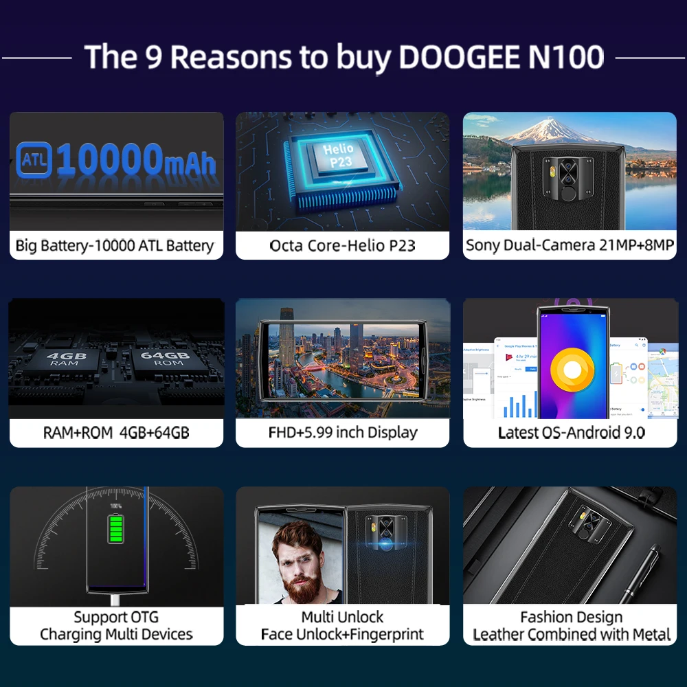 DOOGEE N100 мобильный телефон 10000 мАч батарея отпечатков пальцев 5,9 дюймов FHD+ Дисплей 21 МП камера MT6763 Восьмиядерный 4 Гб 64 Гб мобильный телефон 4G-LTE