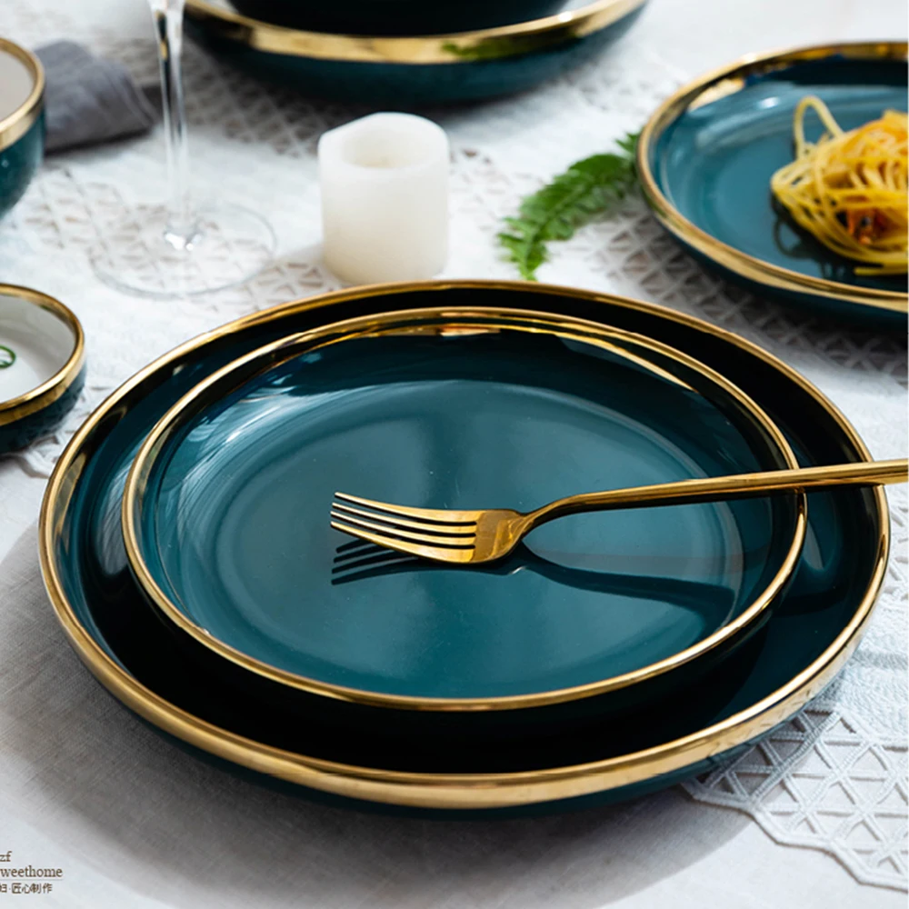 US $31.15 Mdzf Sweethome 10inch Nordic Gold Border Serving Plate Steak Western Food Large Plate Pasta Dinner Salad Dessert Tableware