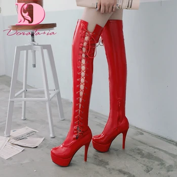 

DoraTasia 2020 New Fashion Plus Size 50 Patent Leather Women Boots Thin Heel Over-the-Knee Cross-tied Spring/Autumn Woman Shoes