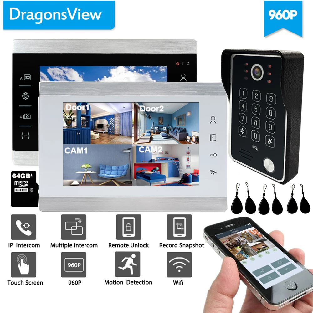 Видеодомофон Dragonsview 7 дюймов беспроводной видеодомофон с Wi Fi 2 монитора 1 наружная