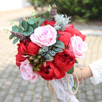 

Bride Wedding Bouquet Bridesmaid Holding Bouquet Wedding Supplies Artificial Silk Rose Peony Pink Flower Table Decoration
