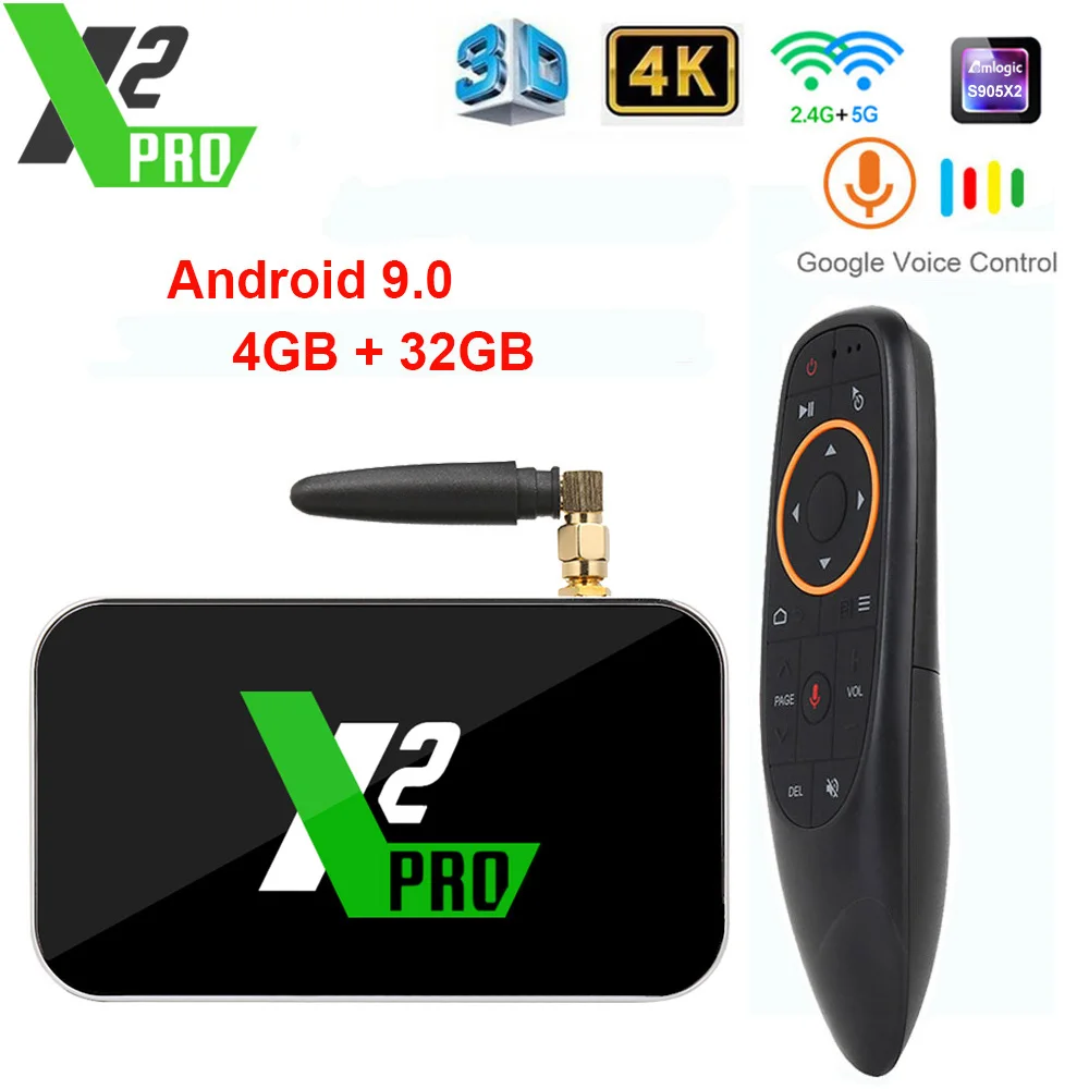 

X2 PRO 4GB DDR4 RAM 32GB ROM Smart Android 9.0 TV Box Amlogic S905X2 2.4G/5G WiFi 1000M LAN Bluetooth 4K HD X2 CUBE Media Player
