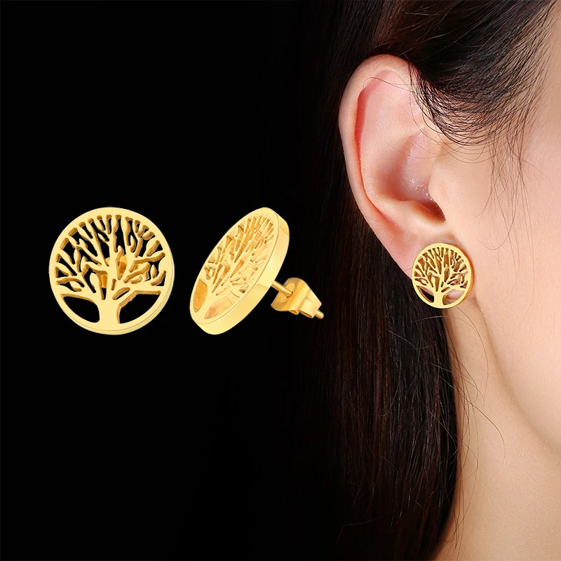 

Women's Retro Tree Of Life Stud Earrings Gold Color Stainless Steel Round Ear Female Gifts Party Jewelry