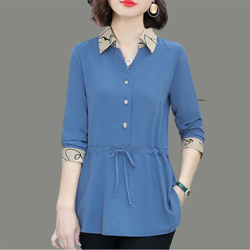 

Блузка женская с длинным рукавом, свободный джемпер, прикрывающий живот, топ с лацканами, рубашка с кулиской, 5XL, на осень