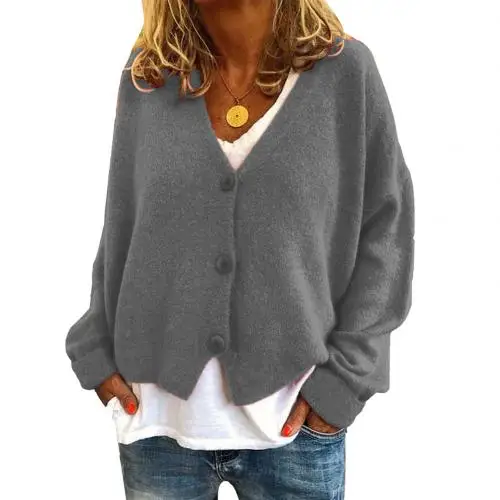 Женский кардиган, свитер с v-образным вырезом, однотонная свободная вязаная одежда, однобортный Повседневный вязаный кардиган, верхняя одежда, зимняя куртка, пальто - Цвет: Grey