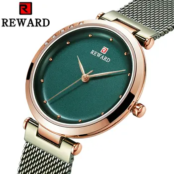 

REWARD Vintage Green Women Watches Fashion Retro Quartz Analog Watch Ladies Clock Ultra Thin Stainless Mesh Strap Simple Casual