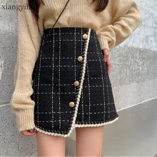 Зимняя Асимметричная Женская юбка, модная Высококачественная Женская шерстяная юбка из твида, однобортная Асимметричная юбка с высокой талией