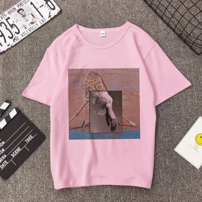 2781-Pink Модные женские розовые абстрактные эстетические художественные головоломки печати Harajuku корейский стиль каваи Vogue Повседневная Свободная футболка с коротким рукавом - Цвет: 2781-Pink