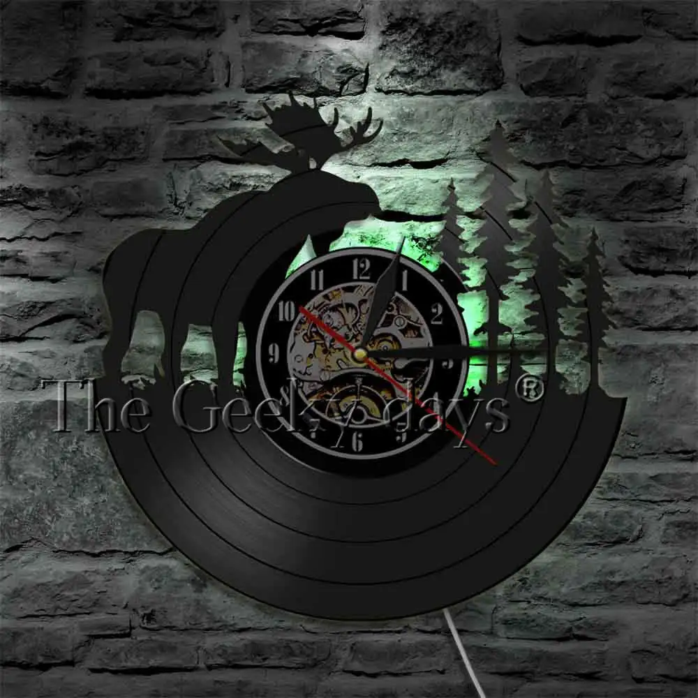 Forest Deer Wall Decor Retro Vinyl Record Wall Clock Antler King Moose With Pine Tree Hunting Hunters Wall Clock Gift Idea
