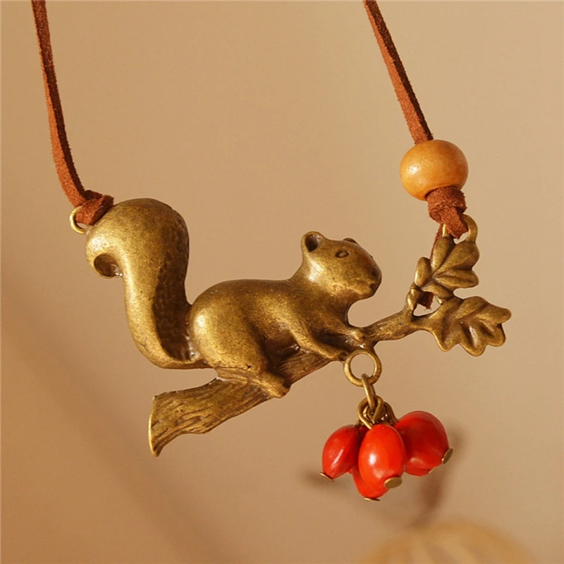 Vintage Sweater Necklace Squirrel Red Bean Mori Girl Ethnic Style Temperament Pendant Jewelry Accessories 90CM Long Necklace