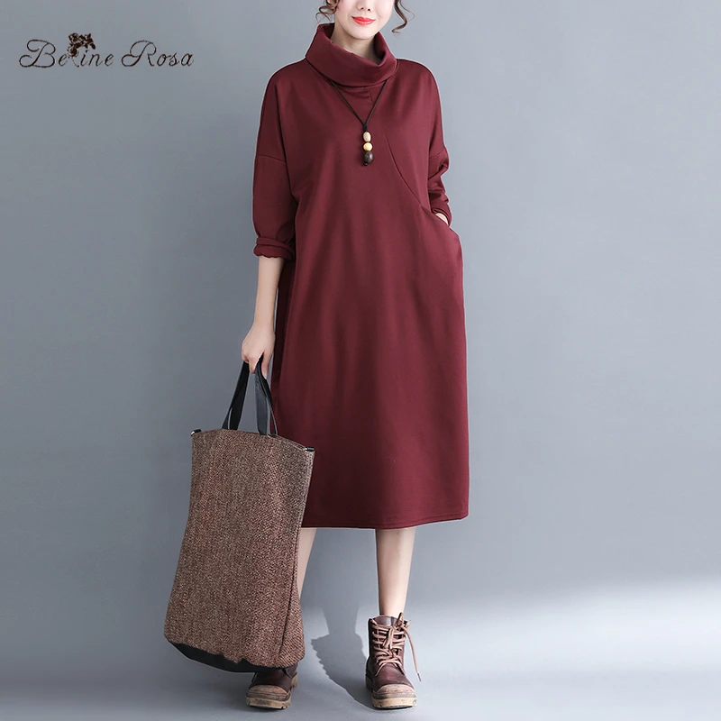 Cena BelineRosa 2019 prosty styl Pure Color kobiet sukienki jesień zima podstawowej kobiety odzież z golfem kołnierz panie sukienka YPYC0024