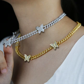 

JJFOUCS Shine Crystal Cuban Link Choker Necklace Female Iced Out Gold Silver Color Baguette Butterfly Necklace Rhinestone Bijoux