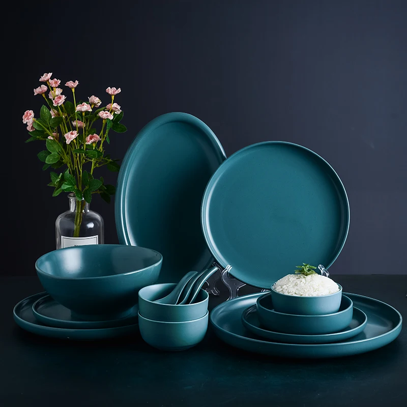 

Simply Matte Green Color Ceramic Dinner Plate Set Porcelain Steak Tableware Rice Soup Bowl Spoon Dish Home Decoration Dropship