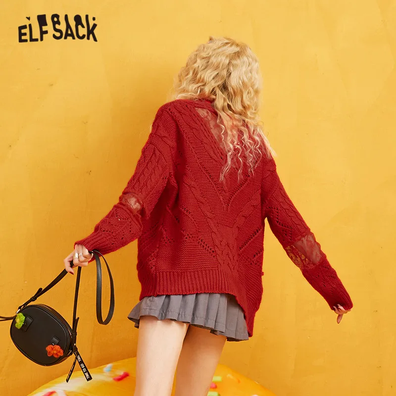 ELFSACK бордовый однотонный кружевной контрастный вязаный кардиган свитер женский бежевый осенний однобортный лоскутный женский свитер