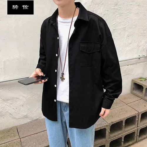 Black VOGUELEO новая стильная модная мужская Осенняя рубашка с принтом отложной воротник Повседневная Свободная однотонная Hongkong версия оверсайз - Цвет: Black