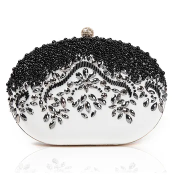 

Luxury Ladies Wedding Evening Bags Handmade Beading Oval Women Clutches Handbags Black White Diamond Crystal Flower Clutch Purse