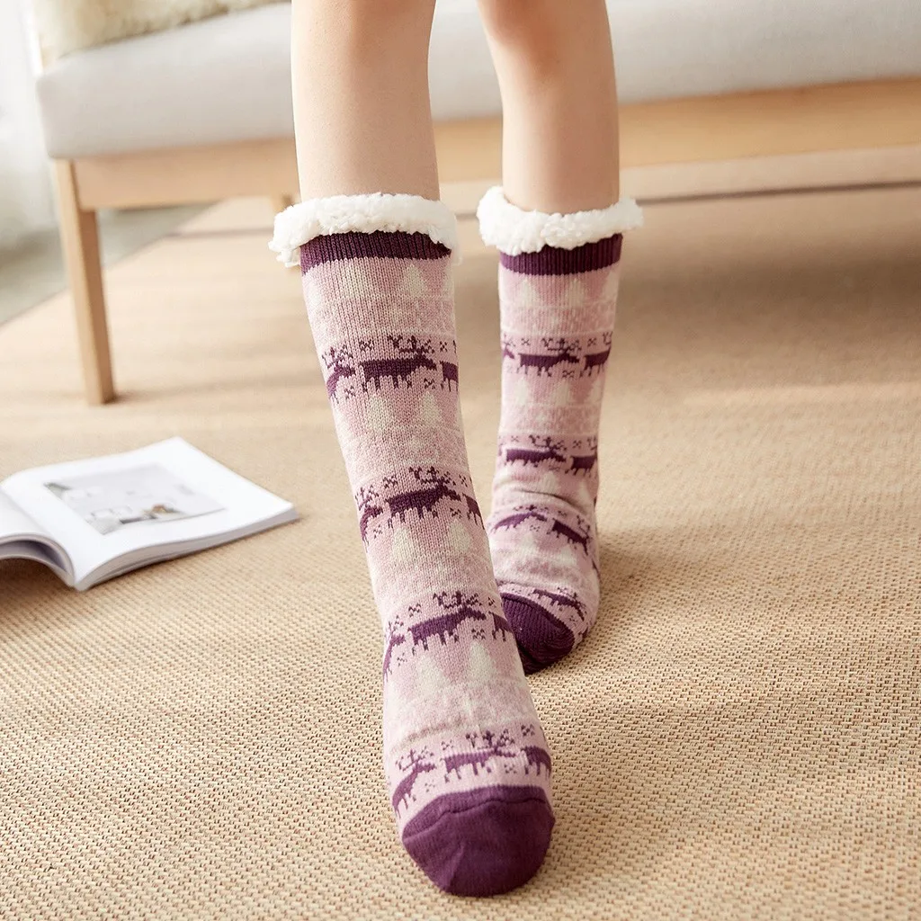 Рождественские носки женские хлопковые носки с принтом, толстые нескользящие носки-тапочки, теплые зимние флисовый носок для женщин