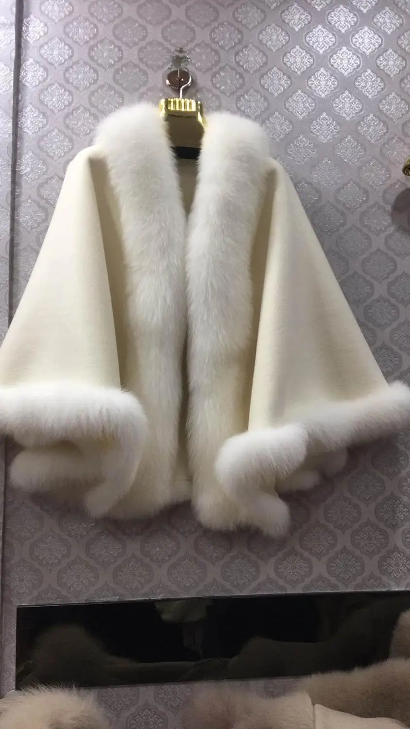100% шерсть шаль с натуральным лисьим мехом воротник низ отделка накидка