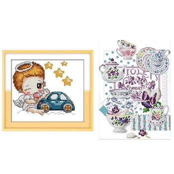 

2 set DIY Handmade Needlework Counted Cross Stitch Set - 14CT Teacups Pattern & 11CT Angel Boy Car Star Pattern