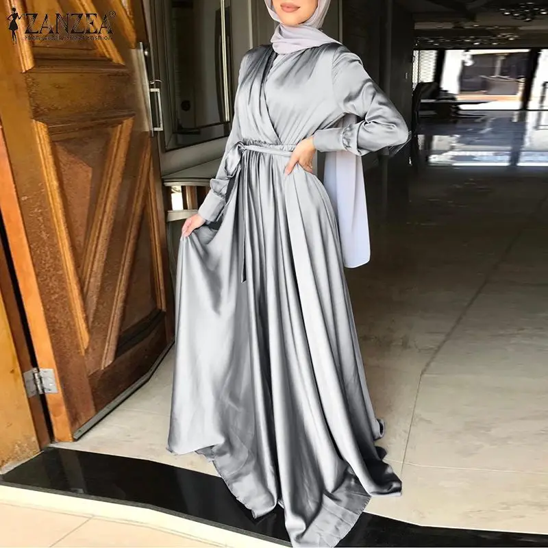 

2023 Muslim Stylish ZANZEA Women Long Sleeve Dress Casual Muslim Belted Party Robe Abaya Kaftan Loose Elegant Clubbing Dresses