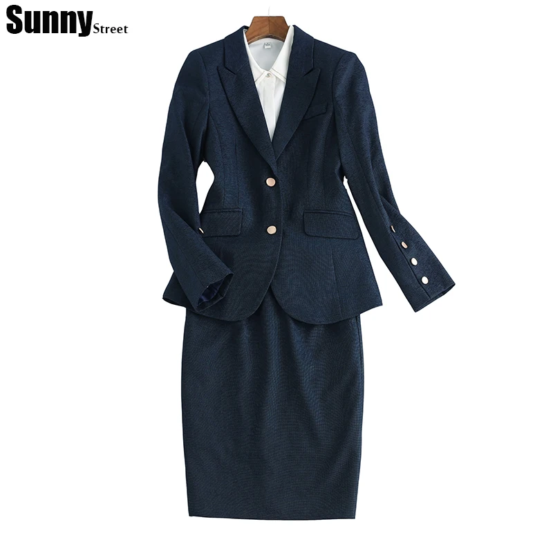 

Ladies Blazer Skirt Suit 2 pieces Set High Quality With Stretch color Black Pink Dark Blue Office Manager Work Wear for Women