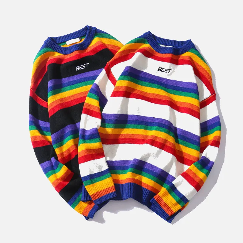 Модный Ретро мужской шерстяной свитер в радужную полоску с круглым вырезом, повседневный вязаный свитер для пары мужчин и женщин, свободные пуловеры, свитера