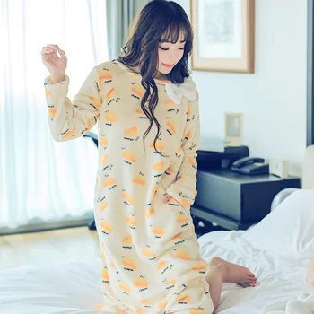 

Women Yellow Nightdress Coral Fleece Intimate Lingerie Full Sleeve Home Dressing Gown Female Flannel Sleepwear Print Thick Gown