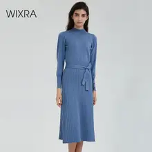 Wixra платья-свитера, элегантное платье с высоким воротом и длинным рукавом длиной до колена, женские вязаные платья с поясом, Осень-зима Wixra платья-свитера, элегантное платье с высоким воротом и длинным рукавом длиной до колена, женские вязаные платья с поясом, Осень-зима
