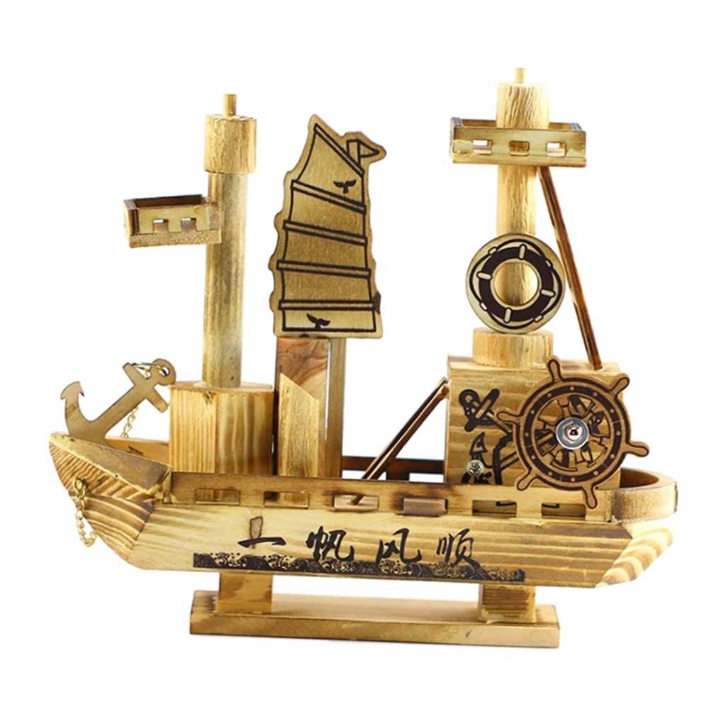 Creative Home Decoration, Wooden Crafts Sailing Figurine Small Wooden Boat Music Box, Ornaments Sailing Model Gift