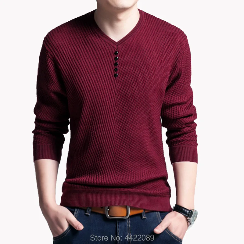 New Autumn Winter Men V-Neck Button Pullover Sweater Solid Slim Fit Long Sleeve Homme Sweater Mens Knitted Sweaters