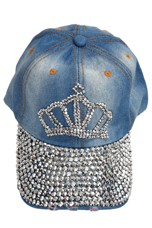 

Chic Crown Pattern Washed Frayed Denim Rhinestoned Baseball Cap Hat For Women