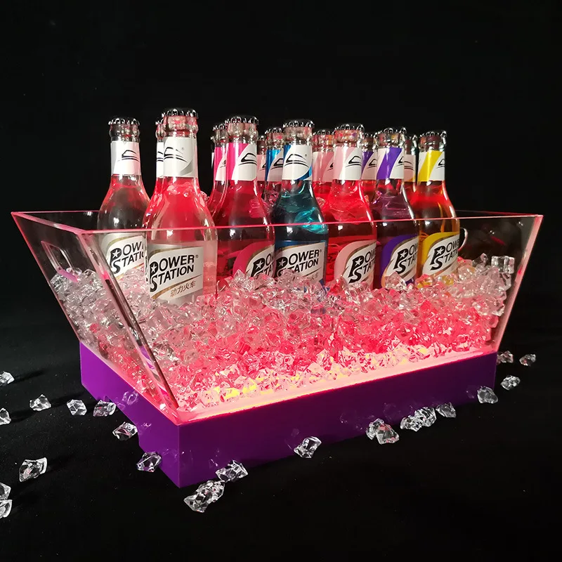 Transparent Acrylic Plastic Champagne Barrel With Led Light Trapezoidal Square Ice Drink Beer Cocktail Bucket Ktv Bar Luminous