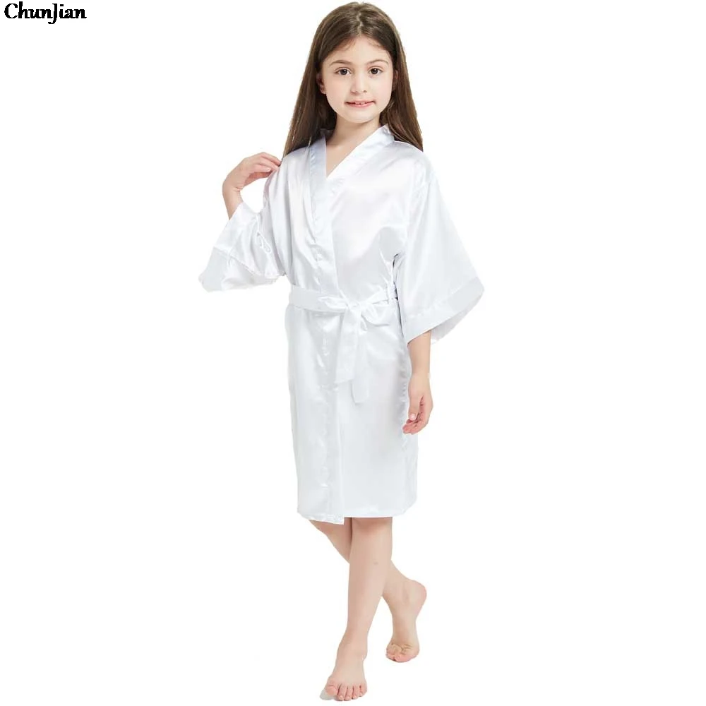 Teens Girls Satin Pajamas Children Solid Silk Satin kimono Robes Girls Bathrobe Sleepwear for 8 10 12 14 Years Spa Wedding Robes