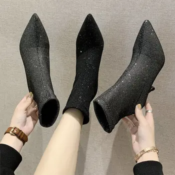 

Women's boots European style 2019 autumn fashion sequins pointed elastic stockings boots stiletto women banquet high heel boots