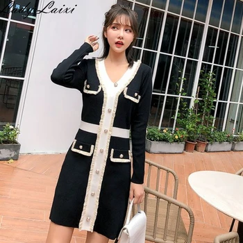 

2019 Autumn Winter V-Neck Single Breasted Color Patchwork Knitting Sweater dress Mini Bodycon Tassel pencil Dresses Vestidos