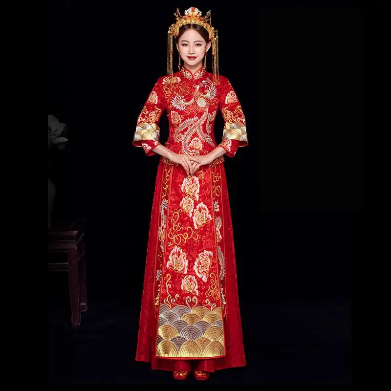 Феникс женский китайский Cheongsam винтажное красное свадебное платье невесты классический цветок Свадебный костюм изысканная, Восточная вышивка Qipao - Цвет: Simple Double Cuff