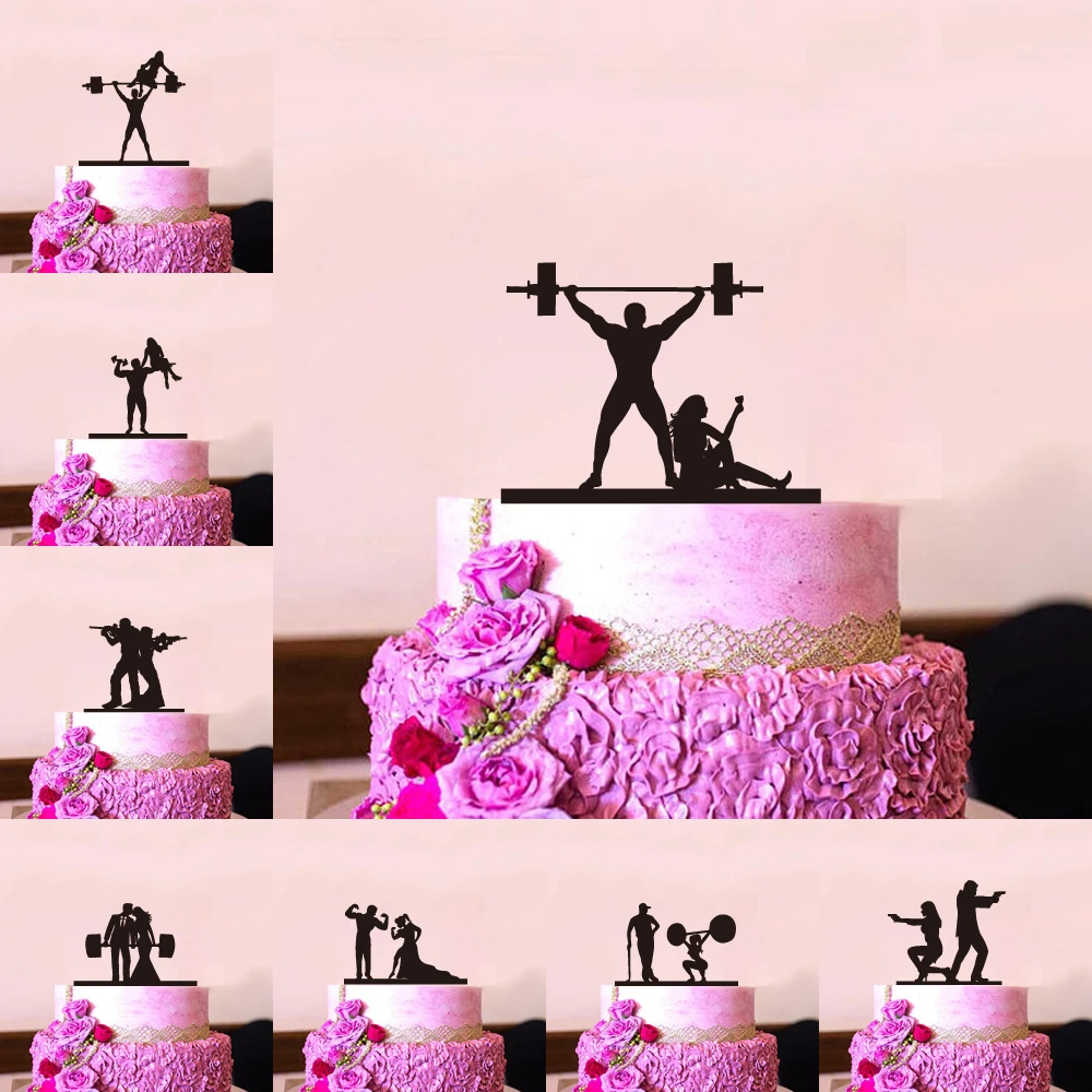Funny Style Wedding Cake Topper Bride & Groom Shooting Cake Topper MR & Mrs Black Acrylic Cake topper Weightlifting Decoration