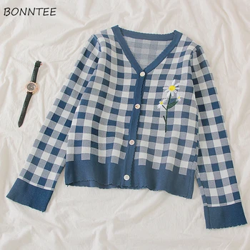

Cardigan Women Embroidery Flowers Plaid Single Breasted Kawaii Sweet Harajuku School Students Korean Sweater Coat Leisure Womens