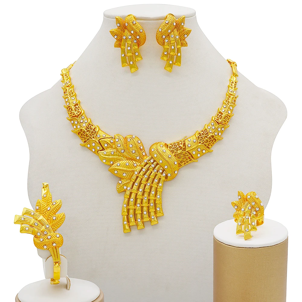 Gold Jewelry Sets Women Necklace Earrings Dubai African Indian Bridal Accessory Flowers Jewelry Sets Necklace