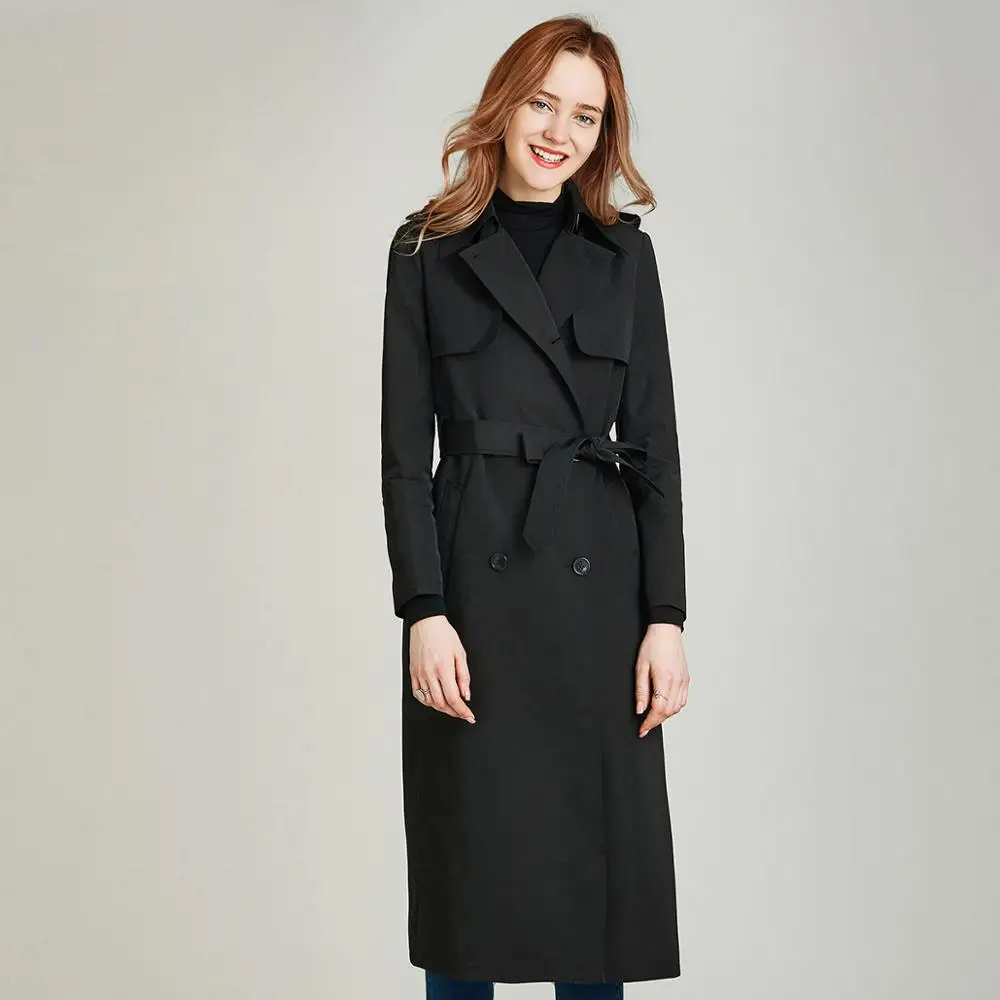 

HAVVA Spring and Autumn New Black Double-breasted Midi Windbreaker with Lace-up Women's Popular Slim Trench Coat F4193